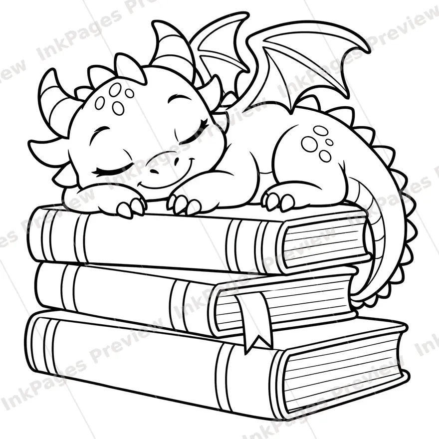 Coloring page of a cute baby dragon asleep on a stack of three books, bold black-and-white outlines