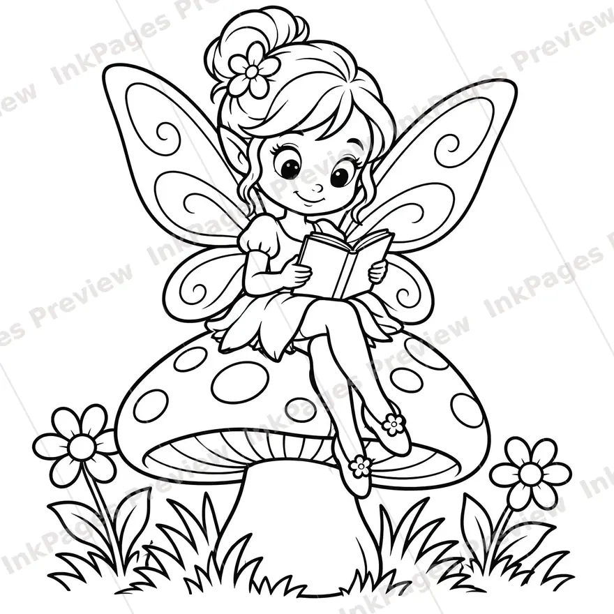 Coloring page of a fairy sitting on a mushroom reading a small book, cartoon black-and-white line art