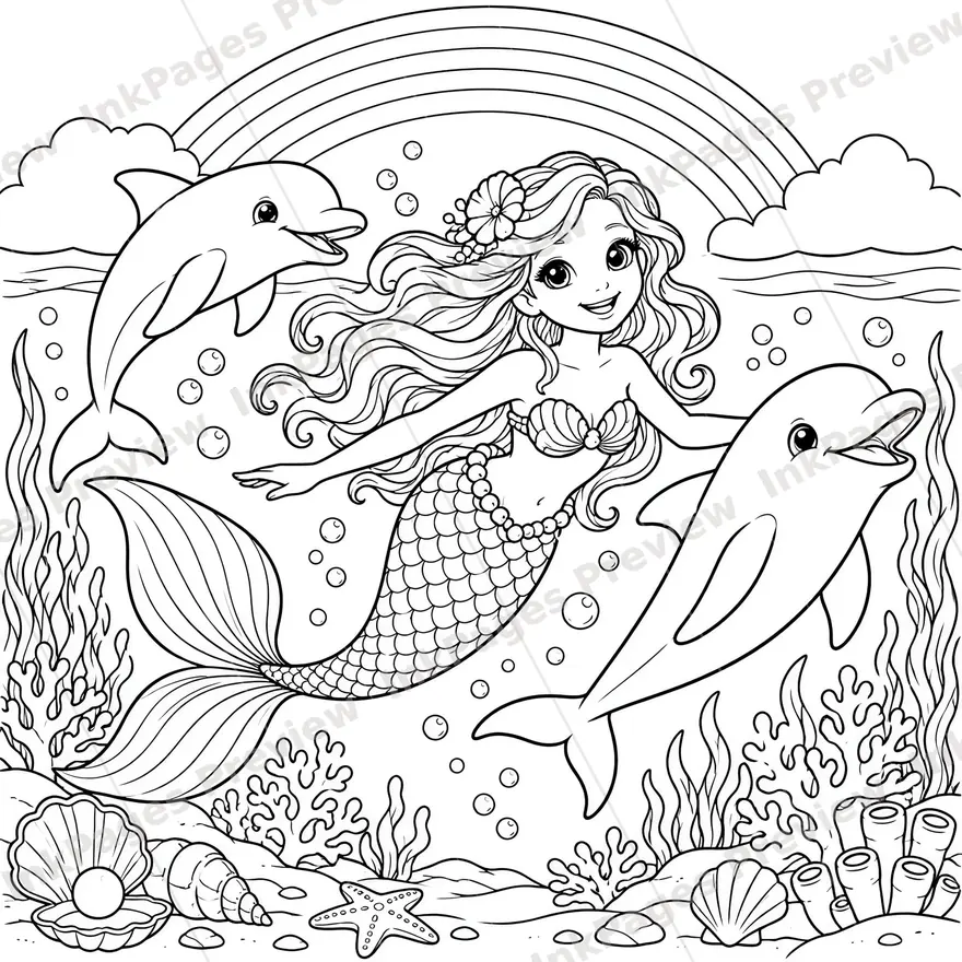 Coloring page of a mermaid swimming with dolphins beneath a rainbow, detailed black-and-white line art