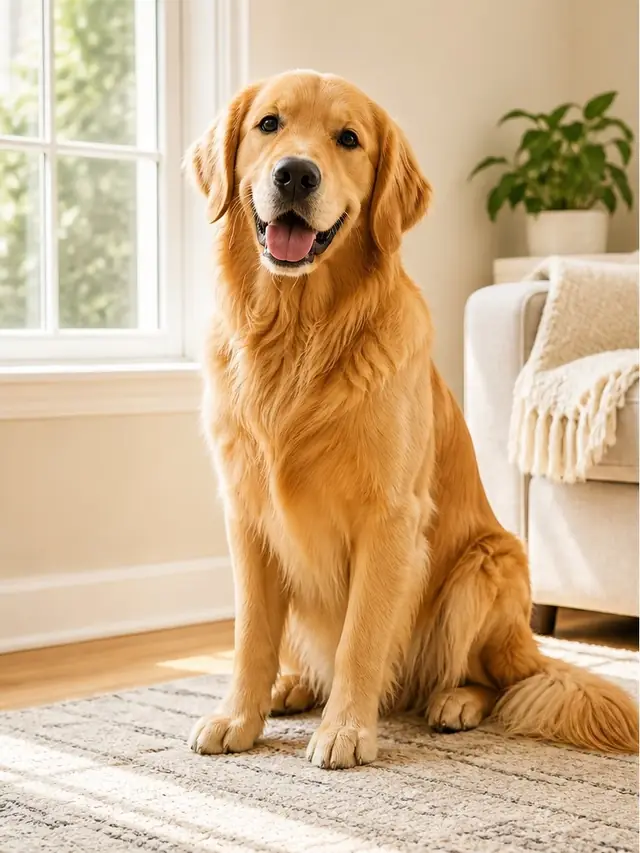 Photo of a golden retriever sitting on a rug in a sunlit living room