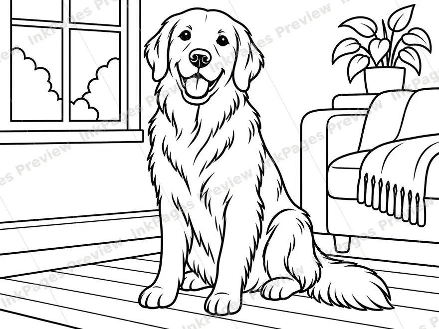 Coloring page made from a photo of a golden retriever sitting in a living room, drawn as clean black-and-white line art