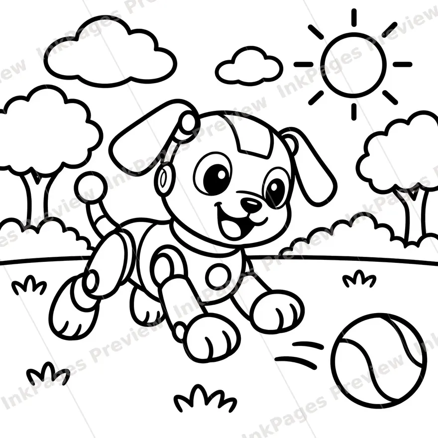 Coloring page of a robot puppy fetching a ball in a park, extra bold black-and-white outlines