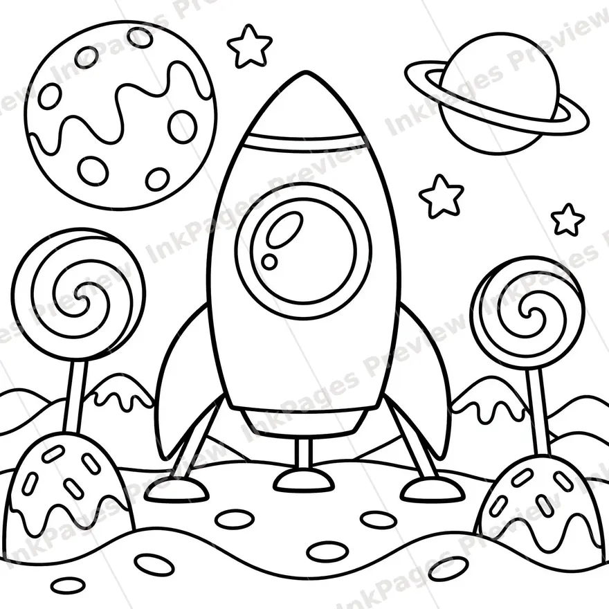 Coloring page of a rocket ship landing on a planet made of candy, clean black-and-white line art